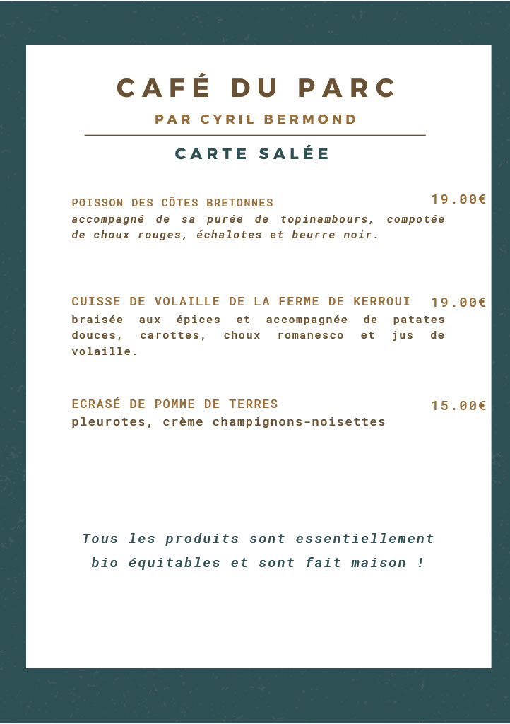Carte salée du Café du parc pour l'hiver 2022-2023