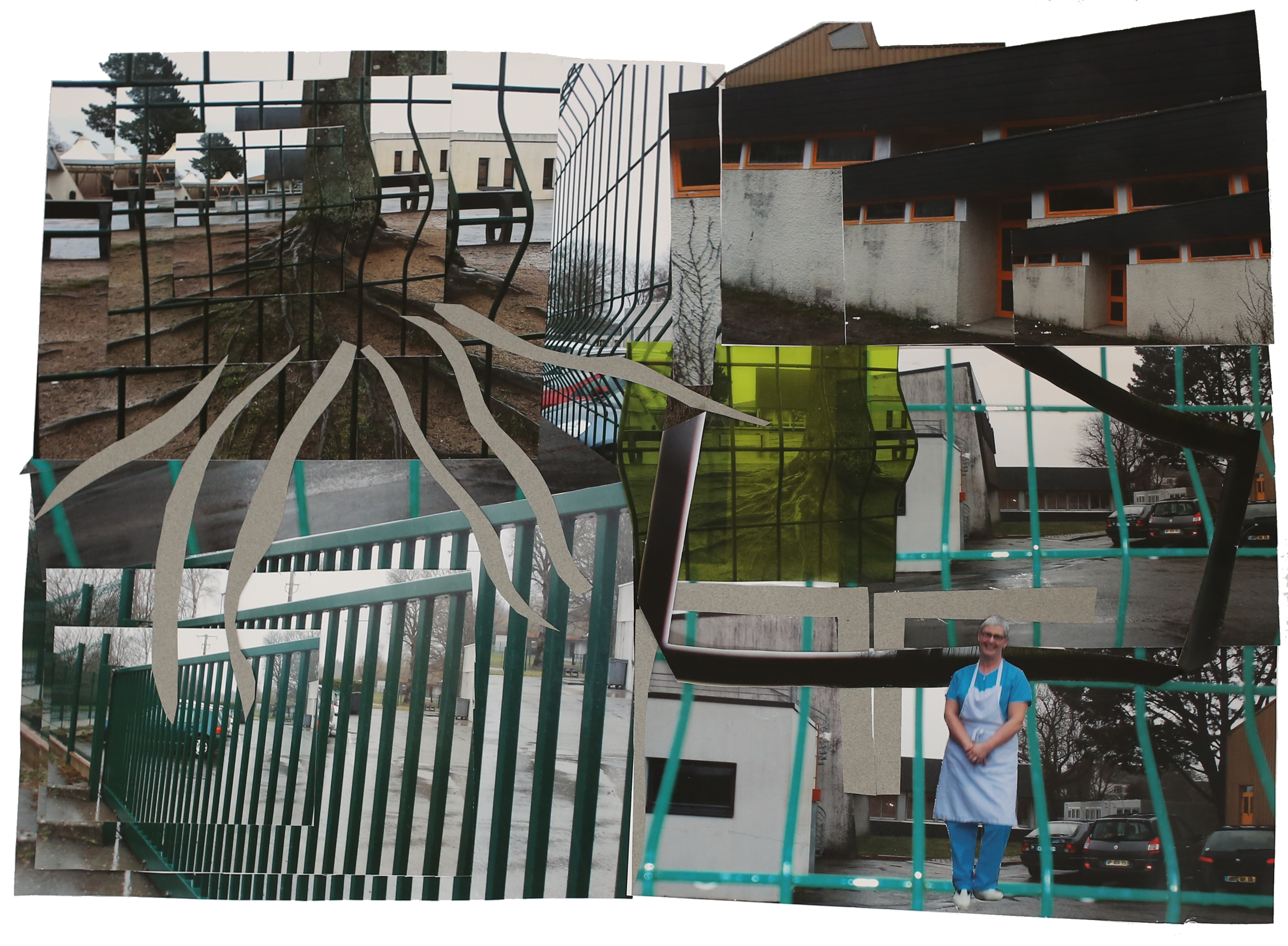 Photomontage de grilles, d'arbres, de bâtiments et d'un agent d'un collège.