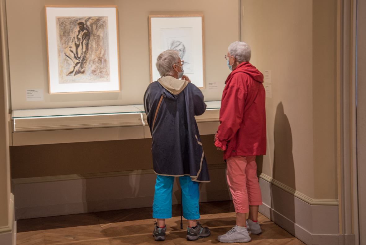 Deux visiteurs de dos devant une vitrines et deux tableaux dans une salle d'exposition.