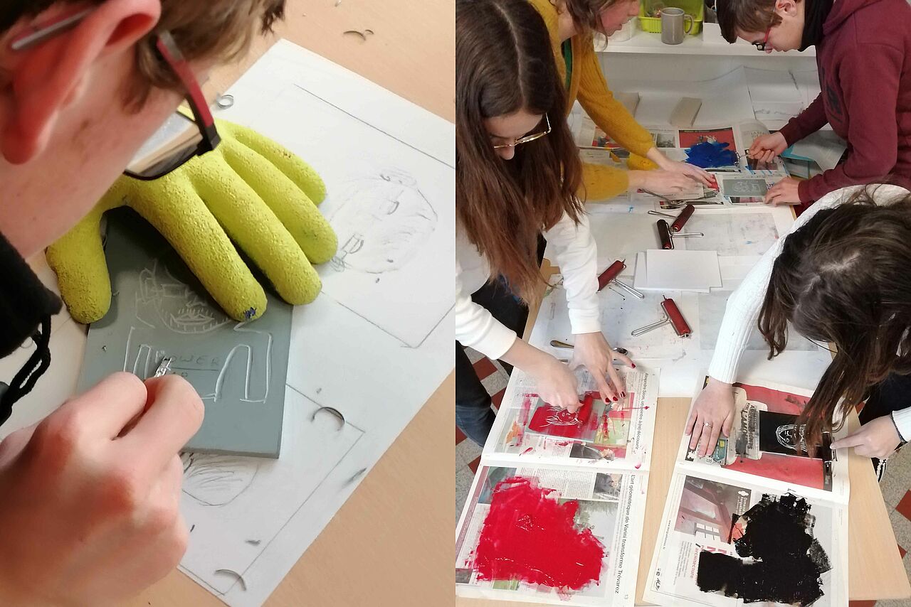 Un élève grave son portrait. Des élèves encrent en rouge ou en noir leur plaque gravée.