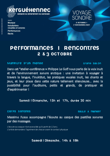 Affiche avec le détail des performances et ateliers du week-end inaugural du Voyage Sonore