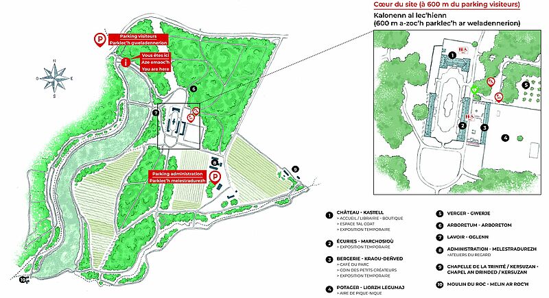 Plan du domaine avec zoom sur le coeur de site pour accéder et s'orienter sur le site.