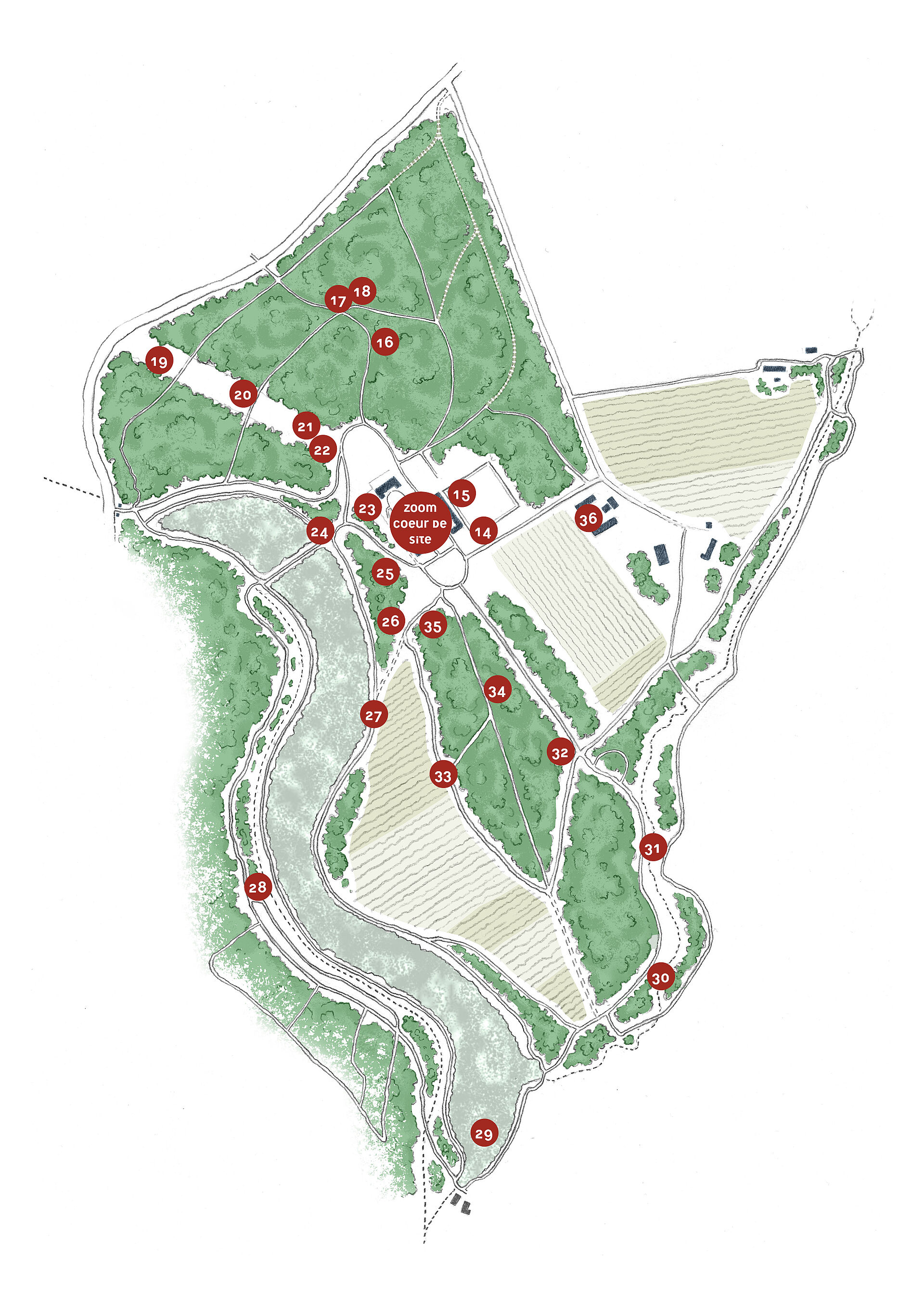 Plan dessiné du domaine avec des pastilles numérotées localisant les oeuvres.