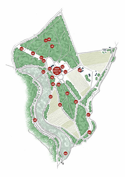 Plan du domaine avec des pastilles numérotées localisant les oeuvres du parc de sculptures.