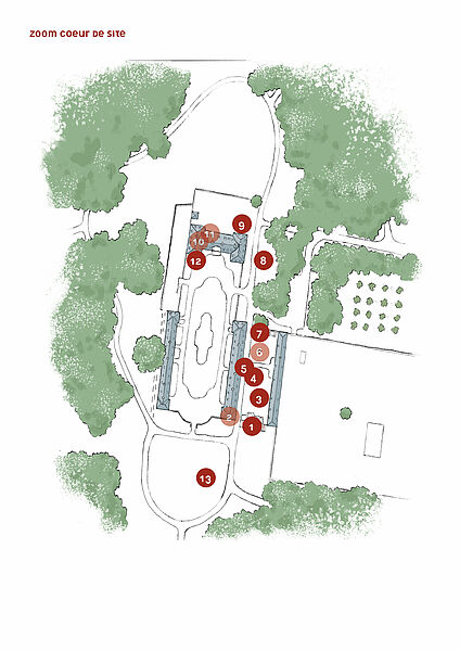 Plan du coeur de site avec des pastilles numérotées localisant les oeuvres du parc de sculptures.