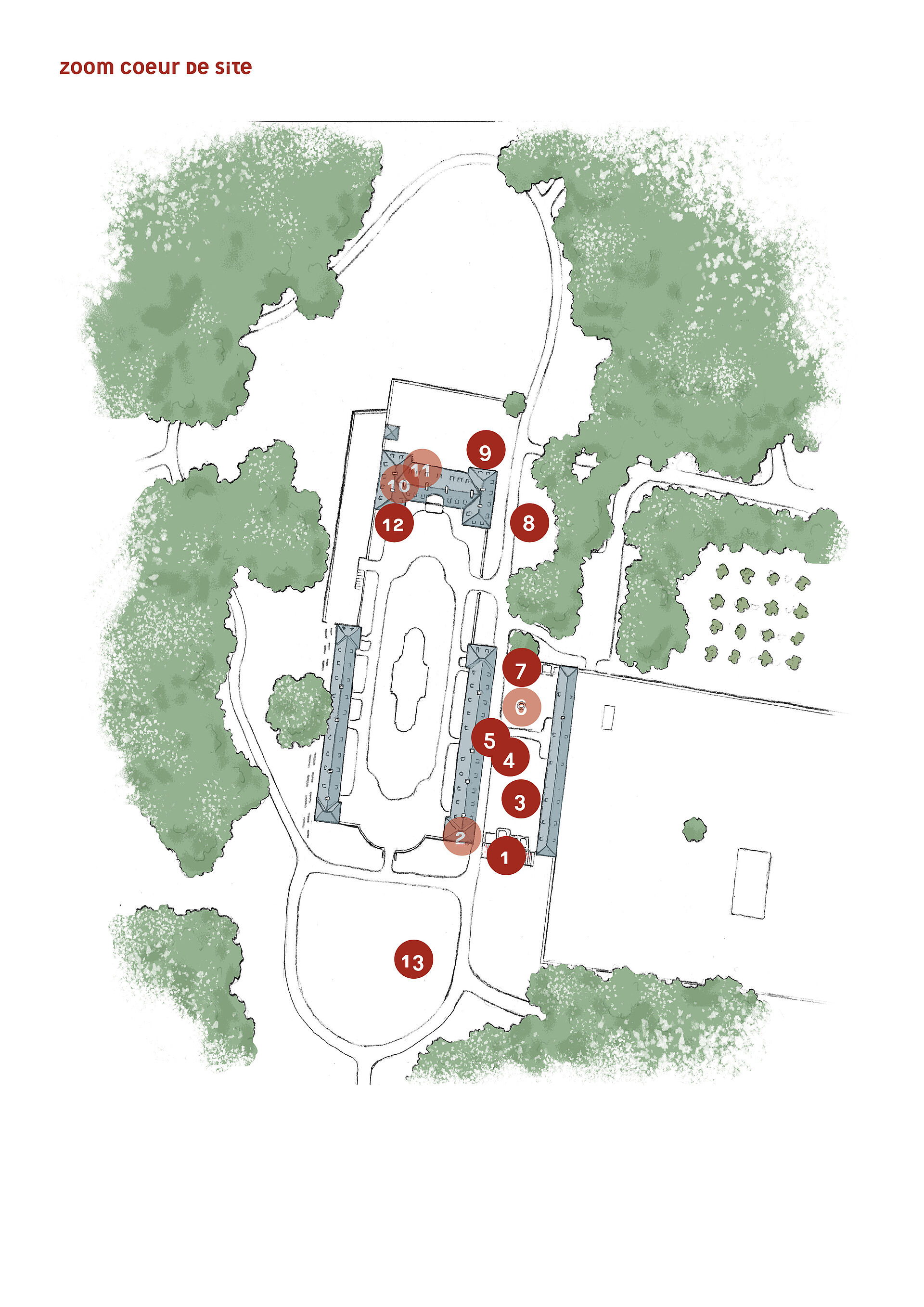 Dessin du château, de la cour d'honneur et des communs avec des pastilles numérotées localisant les oeuvres.