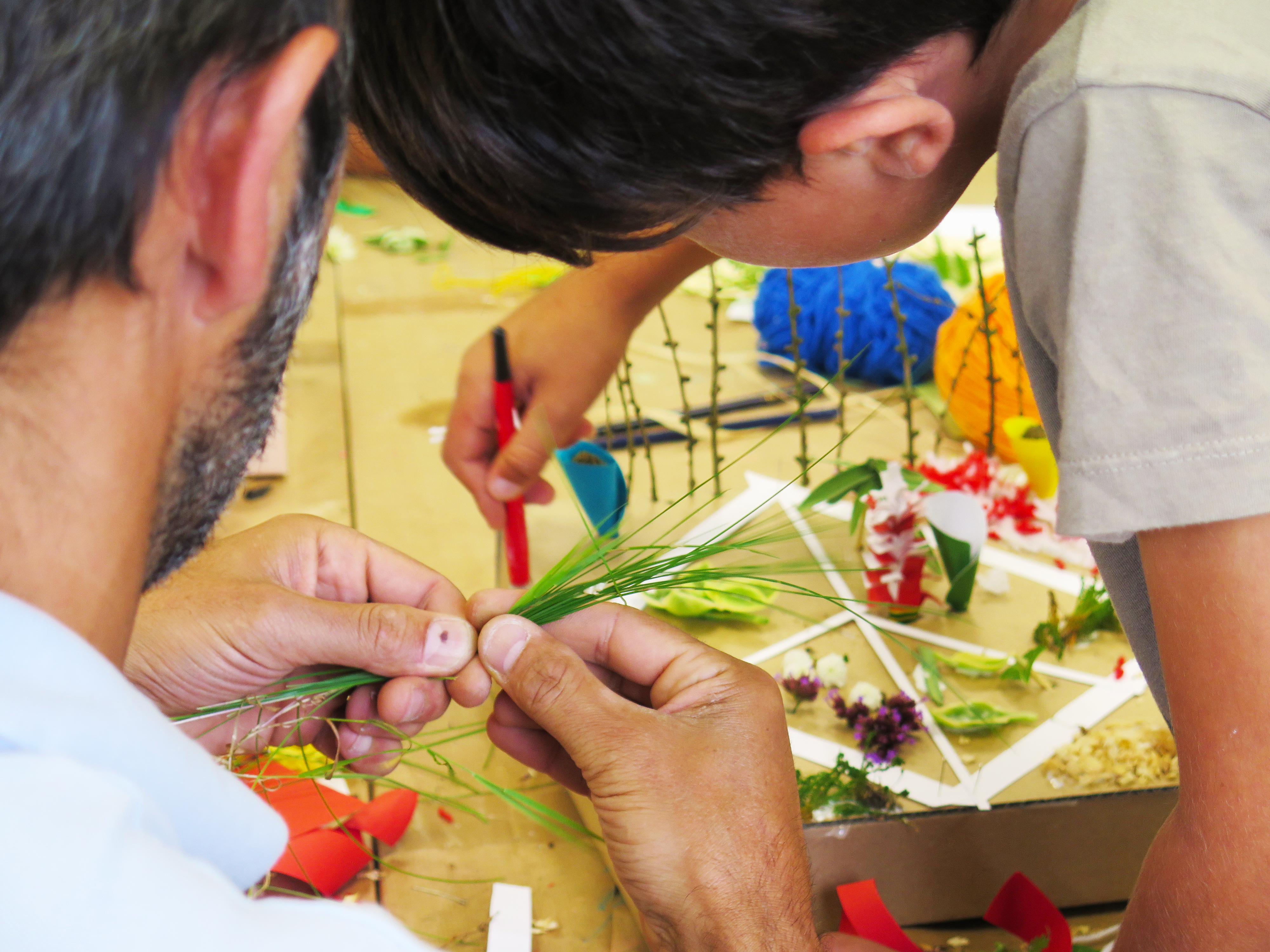 Adulte et enfant réalisant une maquette de jardin à partir de végétaux collectés.