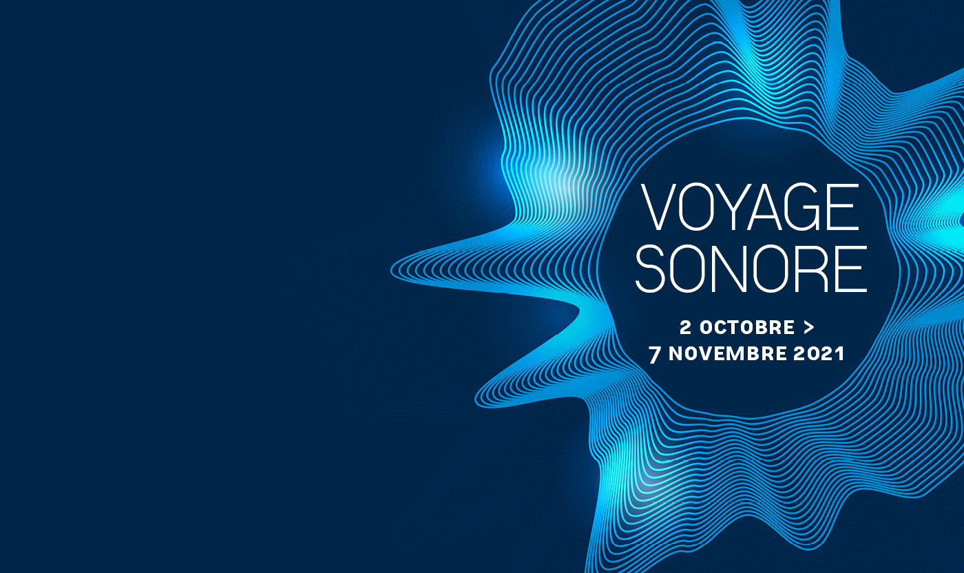 Un cercle d'ondes bleues autour du titre de l'évènement Voyage Sonore.